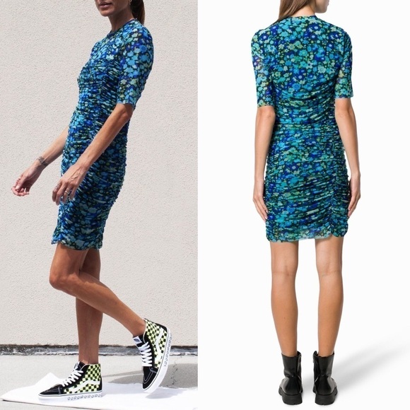 GANNI Floral Ruched Stretch Tulle Short Sleeve Crew Neck Bodycon Sheath Dress XS - Picture 4 of 16